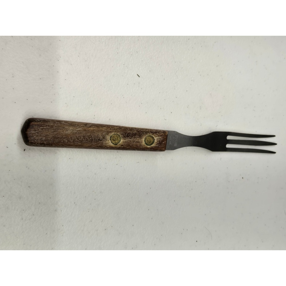 Vintage Stainless Steel Japan Seafood Cocktail Fork Wood Handle Brass Rivets 8"
